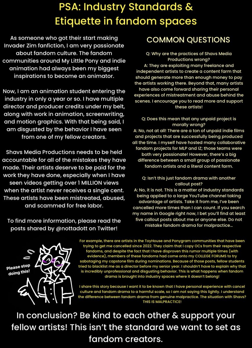 Rainbott10's tweet photo. Many artists working for Shavs Media Productions, a YouTube content farm, have been exploited for free labor and were mistreated terribly. In this post, I would like to discuss the difference between fandom drama and malpractice, as well as stand by any artists hurt by Shavs. ❤️ https://t.co/nfg3Pt7YEm