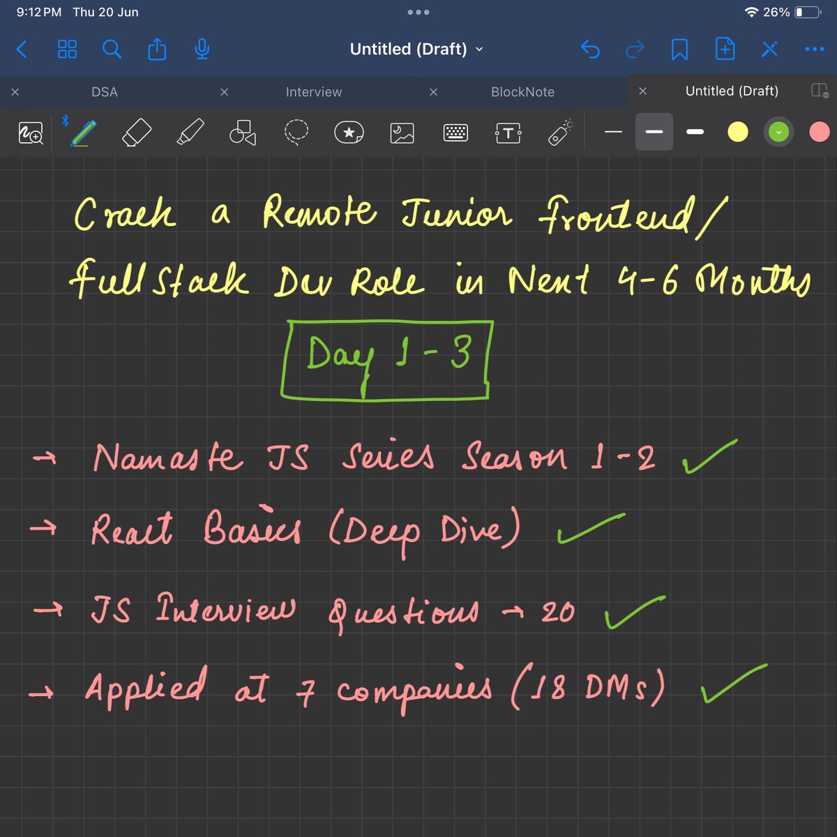 thedevangvishnu's tweet image. The resource that I prepared is helping me immensely to prepare in a very structured manner. 

The goal for the next month:
- cover all material that is mostly asked in frontend interviews for freshers. 
- crack an internship offer 

Excited for Day 4 💪🏻