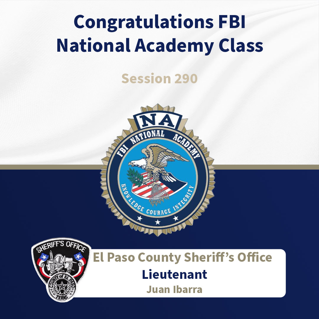 miFBIElPaso's tweet image. #FBIEP desea felicitar al @epsheriff #EPSheriff Teniente Juan Ibarra por su graduación de la Academia Nacional del #FBI. Acaba de completar la Sesión 290, un curso de liderazgo de 10 semanas para las fuerzas del orden en Quantico, VA.
