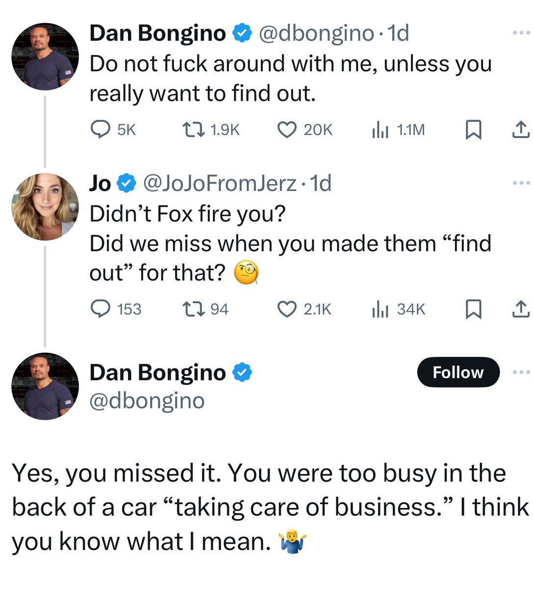 JoJoFromJerz's tweet image. Actually, @dbongino, I don’t know what you mean.
Why don’t you explain it to me.
In fact, why don’t you explain it to all the women out there.
If you’d like, in exchange, I can explain what it meant for you when Fox said they didn’t want to give you a new contract.