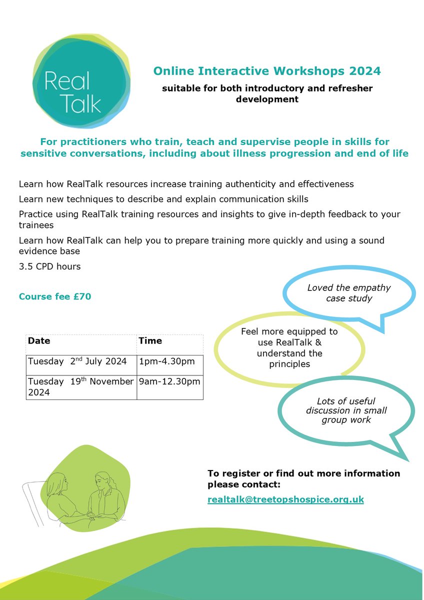 RealTalk (@realtalk_eol) on Twitter photo RealTalk resources are available free of charge to eligible facilitators/trainers. Why not consider registering? Apply at bit.ly/3NlAXF2.
Limited places still available on our 2 July introductory workshop
<a href="/RealTalk_EOL/">RealTalk</a>
<a href="/SharanComms/">Sharan Harris-Christensen</a>
<a href="/treetopshospice/">Treetops Hospice</a> RealTalk resources are available free of charge to eligible facilitators/trainers. Why not consider registering? Apply at bit.ly/3NlAXF2.
Limited places still available on our 2 July introductory workshop
<a href="/RealTalk_EOL/">RealTalk</a>
<a href="/SharanComms/">Sharan Harris-Christensen</a>
<a href="/treetopshospice/">Treetops Hospice</a>