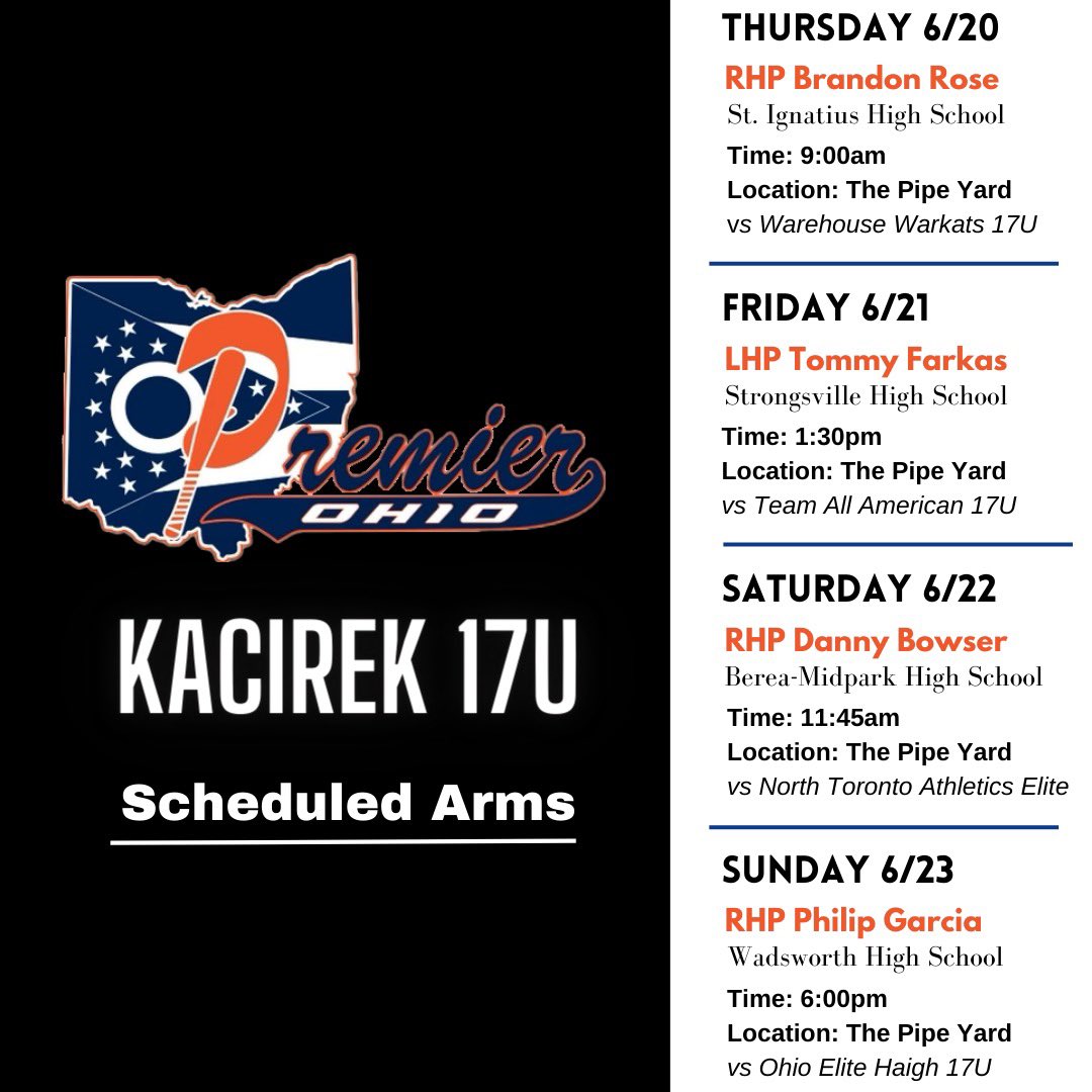 Premier OH Kacirek 2029 (Scott Kacirek-Head Coach) (@skacirek) on Twitter photo The boys win their first game of the NEO Select Invite, 3-1, behind outstanding pitching performances by <a href="/brandon_rose33/">Brandon Rose</a> and <a href="/BretPetrigac/">Bret Petrigac</a>!
<a href="/CWoj18/">Chris Wojick</a> <a href="/jeremyhileman/">Jeremy Hileman</a> <a href="/CoachAHilt/">Aaron Hilt</a> <a href="/Jack_Arend4/">Jack Arend</a> <a href="/KTrewyn/">Kyle Trewyn</a> <a href="/Coach_Boz07/">Michael Boswell</a> <a href="/Coach_Chiero/">Jordan Chiero</a> <a href="/Blake_McCoach/">Blake McFadden</a>
Schedule for the tournament attached: The boys win their first game of the NEO Select Invite, 3-1, behind outstanding pitching performances by <a href="/brandon_rose33/">Brandon Rose</a> and <a href="/BretPetrigac/">Bret Petrigac</a>!
<a href="/CWoj18/">Chris Wojick</a> <a href="/jeremyhileman/">Jeremy Hileman</a> <a href="/CoachAHilt/">Aaron Hilt</a> <a href="/Jack_Arend4/">Jack Arend</a> <a href="/KTrewyn/">Kyle Trewyn</a> <a href="/Coach_Boz07/">Michael Boswell</a> <a href="/Coach_Chiero/">Jordan Chiero</a> <a href="/Blake_McCoach/">Blake McFadden</a>
Schedule for the tournament attached: