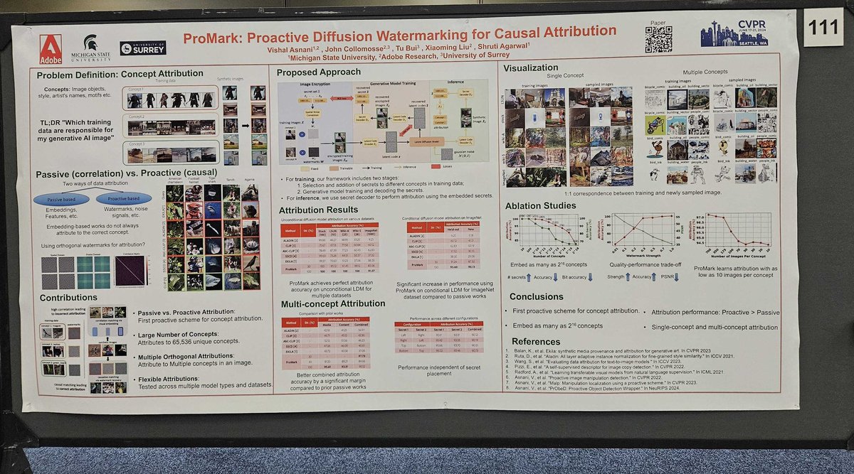 John Collomosse (@jcollomosse) on Twitter photo ProMark our #CVPR2024 paper - finds which training data are most responsible for a Generative AI image, using proactive watermarking to establish a causal relationship. Visit Poster 111 this Thurs AM! Paper: bit.ly/3KTXsAA.
<a href="/AdobeResearch/">Adobe Research</a>
<a href="/DECaDE_Hub/">DECaDE</a> <a href="/ContentAuth/">Content Authenticity Initiative</a> ProMark our #CVPR2024 paper - finds which training data are most responsible for a Generative AI image, using proactive watermarking to establish a causal relationship. Visit Poster 111 this Thurs AM! Paper: bit.ly/3KTXsAA.
<a href="/AdobeResearch/">Adobe Research</a>
<a href="/DECaDE_Hub/">DECaDE</a> <a href="/ContentAuth/">Content Authenticity Initiative</a>