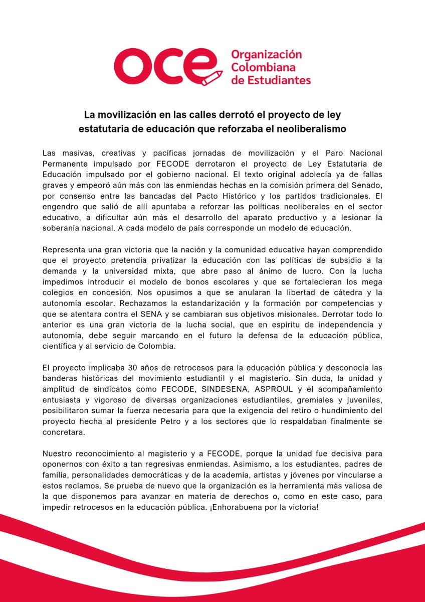 La movilización en las calles derrotó el proyecto de ley Estatutaria de educación que reforzaba el neoliberalismo.✊🏻

La independencia y autonomía es el camino para defender la educación como derecho. ❗

#LucharSíSirve 🇨🇴🇨🇴🇨🇴