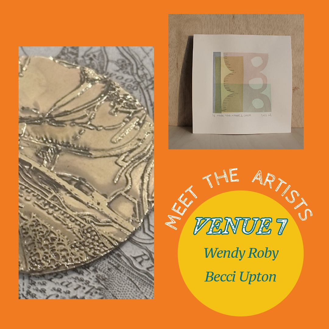 Venue 1
Meet the artists 
.
Wendy Roby
Original screen prints made from natural inks, lampshades, small screen printed textile artworks 
.
Becci Upton
Metal etched relief maps
heatonsartstrail.com/artists-2024/