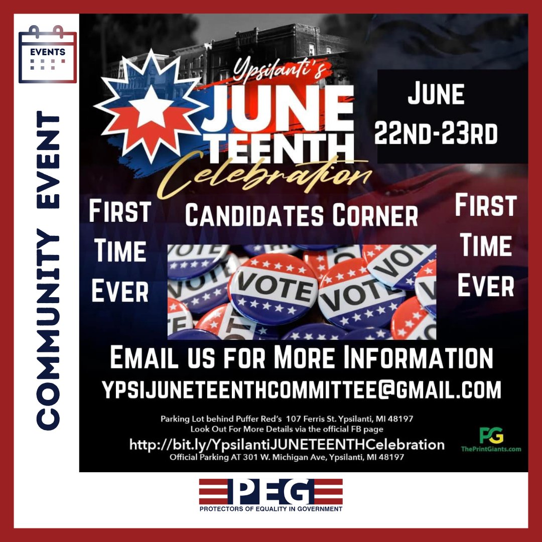6/22. Ypsi's Juneteenth Celebration &amp; first ever Candidates Corner! Bring the whole family for fun, food, great music &amp; lots of area resources. Table volunteers still needed for Washtenaw Dems, sign up tiny.cc/co4qyz. 10 am – 5:30 pm #juneteenth #ypsilanti #equalityingov