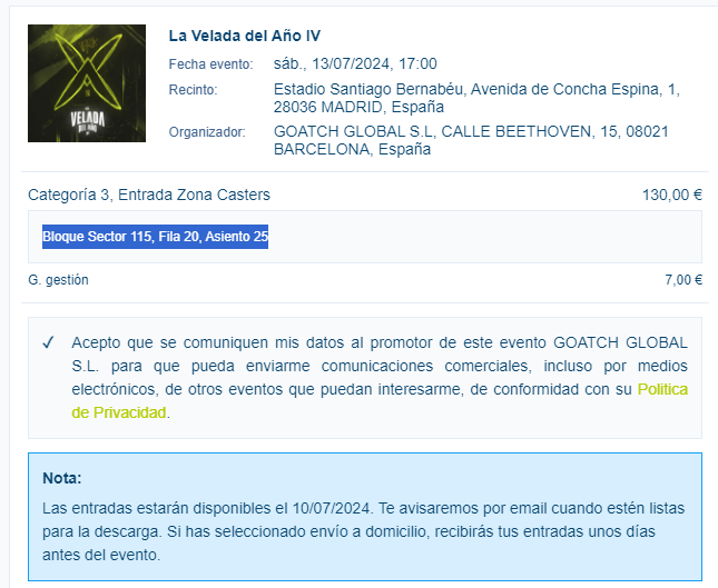 Angel_Luis_93's tweet photo. Hola! Vendo una entrada para La Velada del Año IV eñ 13/07 Categoria 3 Bloque Sector 115, Fila 20, Asiento 25. Al mismo precio que de venta.

Interesados escribrime. Se agradece difusión https://t.co/x1PdLtDVrN