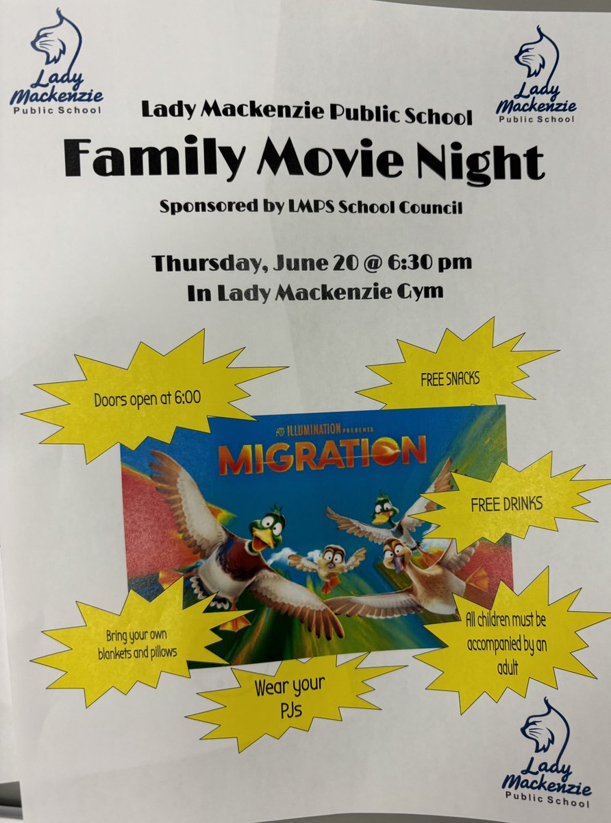 Just a reminder it’s movie night at Lady Mackenzie Public school. Come on out and join us for free snacks drinks and a great movie.<a href="/LadyMackenziePS/">Lady Mackenzie PS</a> <a href="/TLDSB/">TLDSB</a>