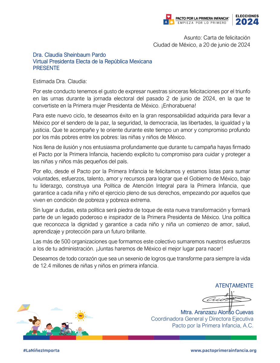 Estamos listas para sumar voluntades, esfuerzos, talento, amor y recursos para lograr que el Gobierno de México, bajo tu liderazgo, le garantice a cada niña y niño en #PrimeraInfancia el ejercicio pleno de sus derechos.

¡Hagamos de México 🇲🇽 el mejor lugar para nacer y crecer!👶