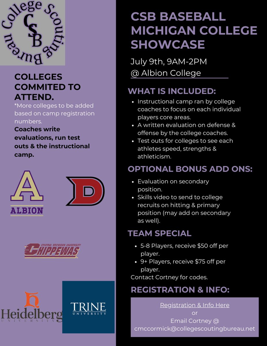 🚨 Join us for our Michigan Baseball Camp at Albion College on July 9th! 🚨 ⚾ College coaches will be on the field giving immediate feedback and sending your info around the country! Register now: Link in Bio 

#BaseballCamp #BaseballProspects #BaseballRecruiting #TravelBaseball