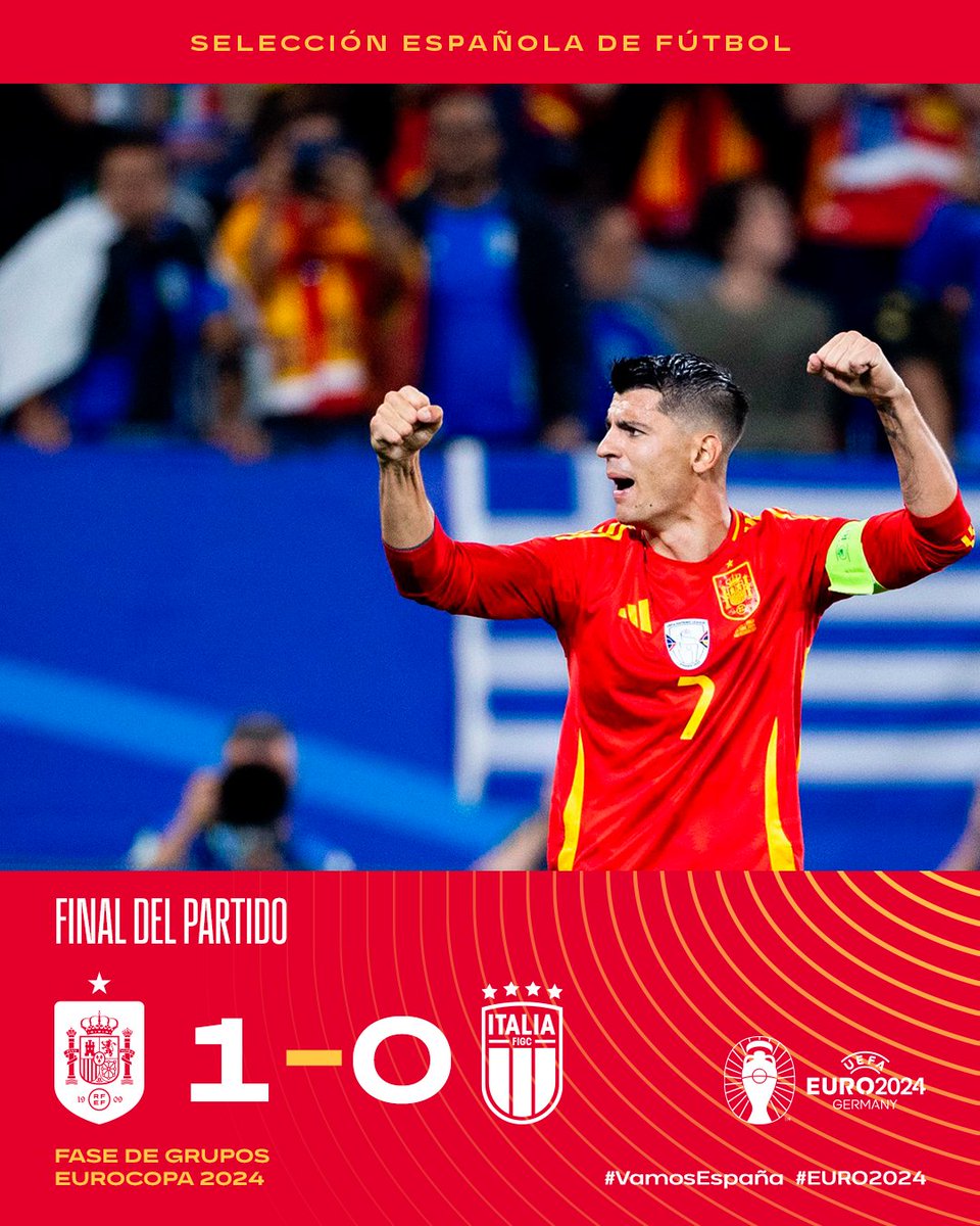 🏁 ¡¡𝗙𝗜𝗡𝗔𝗟 𝗗𝗘𝗟 𝗣𝗔𝗥𝗧𝗜𝗗𝗢 𝗘𝗡 𝗚𝗘𝗟𝗦𝗘𝗡𝗞𝗜𝗥𝗖𝗛𝗘𝗡!! 

¡¡Vaaaaaaamoooooooosssss!! 

🇪🇸 🆚 🇮🇹 | 1-0 | 90+7’

#VamosEspaña | #EURO2024