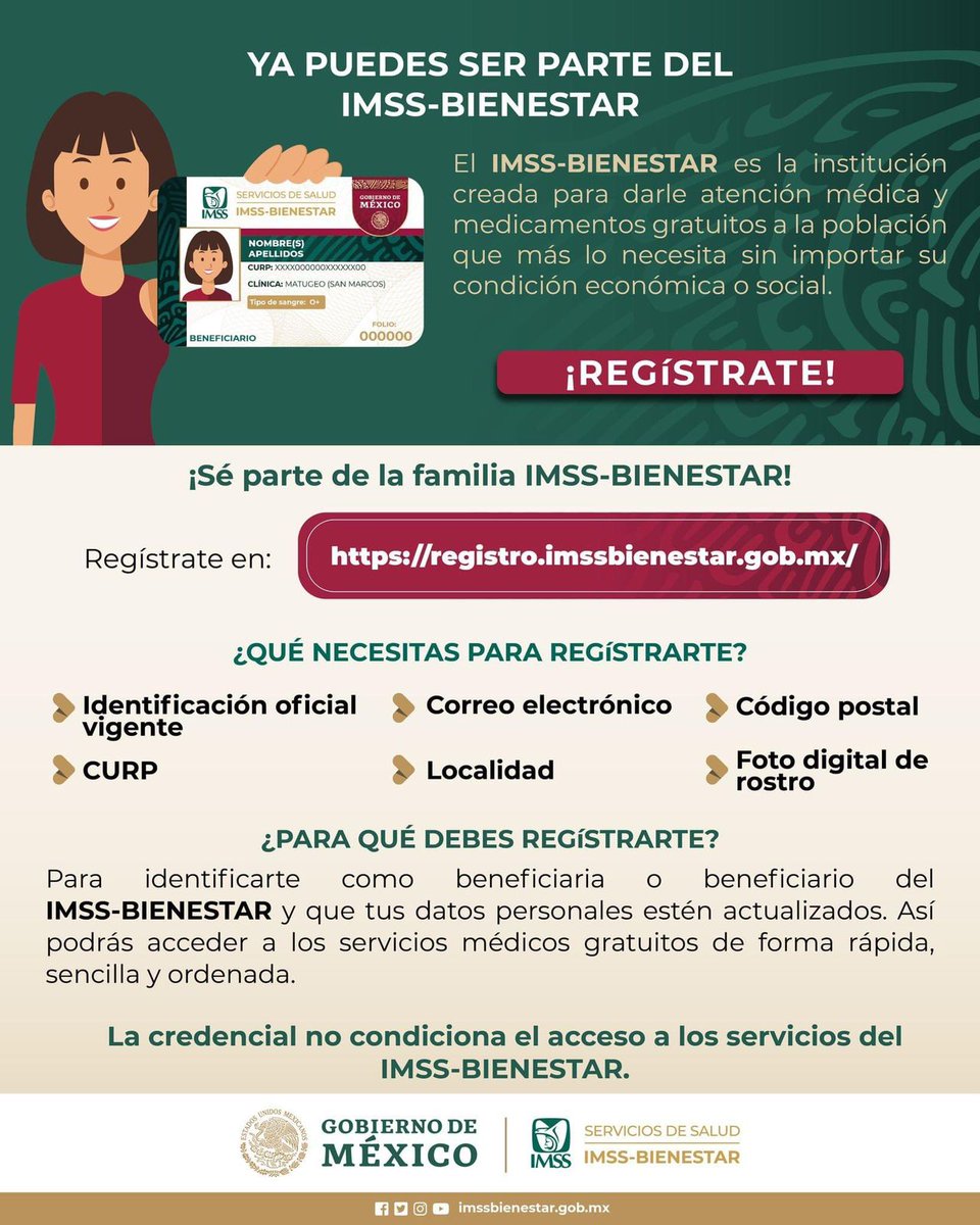 Tu_IMSS's tweet image. Invitación a todas las personas sin #SeguridadSocial a formar parte del padrón de beneficiarias y beneficiarios del @IMSS_BIENESTAR.

⌚️ Atención más ágil y rápida
🪪 Credencial que te identifique

💻 Registro en: registro.imssbienestar.gob.mx