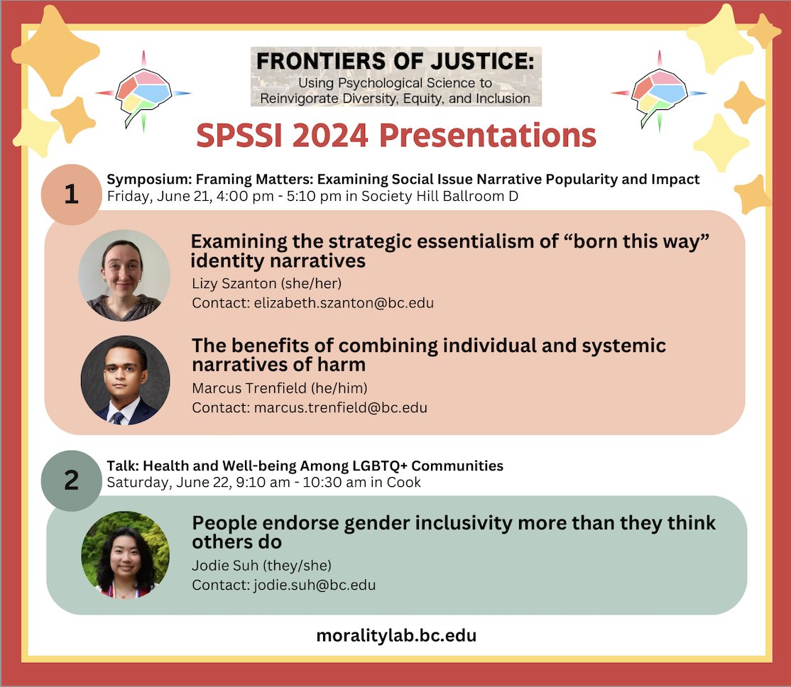 RealMoralityLab's tweet image. We are so excited to present at #SPSSICON24 this weekend—stop by our sessions to hear about our latest work in narratives and the perceptions of gender inclusivity!🤩📣