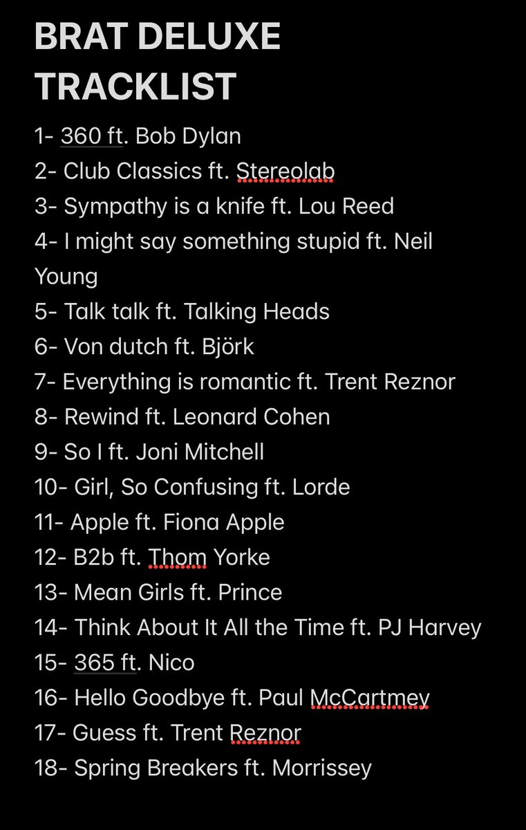 hairball1952's tweet photo. BRAT DELUXE TRACKLIST JUST DROPPED😭 https://t.co/Sz1FVrsr36