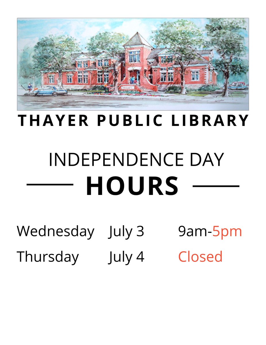 The library will be closing early at 5 pm on Wednesday, July 3, and be closed on Thursday, July 4, in observance of Independence Day.