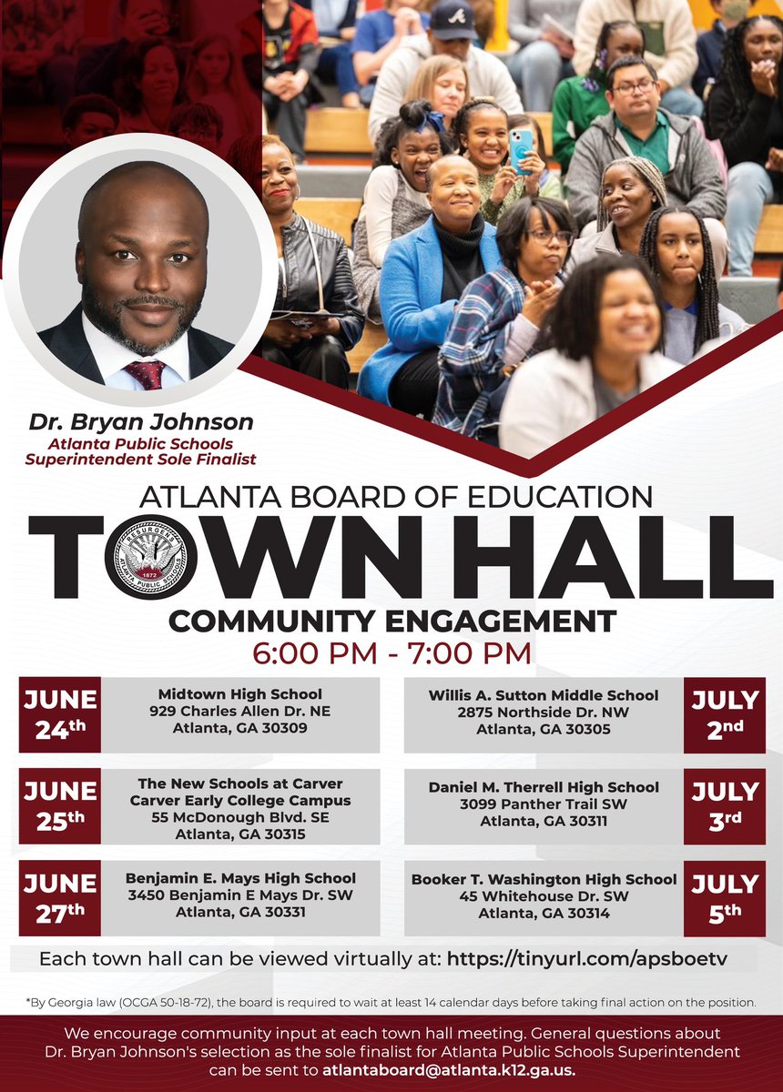 Atlanta Board of Education (@boeaps) on Twitter photo APS Constituents! 📢
We invite you to come out and engage with our Sole Superintendent, Dr. Bryan Johnson, at one of our six community meetings. Stakeholders, please submit your questions to atlantaboard@apsk12.org APS Constituents! 📢
We invite you to come out and engage with our Sole Superintendent, Dr. Bryan Johnson, at one of our six community meetings. Stakeholders, please submit your questions to atlantaboard@apsk12.org