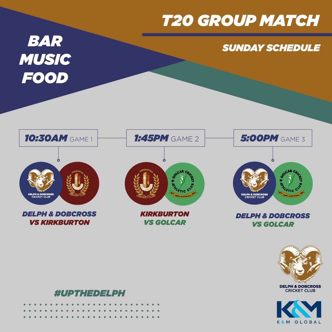 On Sunday we have a WHOLE DAY of top-level T20 cricket at HQ! It's T20 Trophy Group match day!!

10:30am - we play <a href="/kirkburtoncc/">Kirkburton Cricket Club</a>
1:45pm - Kirkburton then play <a href="/Golcarcc/">Golcar Cricket Club</a>.
5pm - We play Golcar.

Food available and music cranked up via <a href="/mintdiscouk/">Mint Disco</a>! 

#upthedelph💙💛