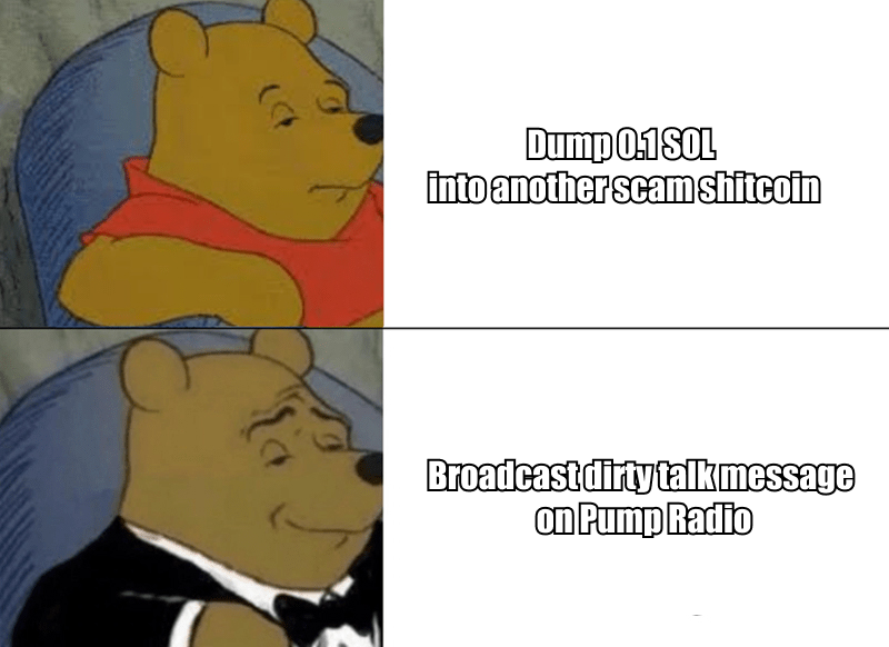 pumpradio_sol's tweet photo. You know you can broadcast any message on Pump Radio? Our RJ's will read it on air at any time! You can shill some #SOLANA memes or say hi to your mom https://t.co/pTu5BoCl78