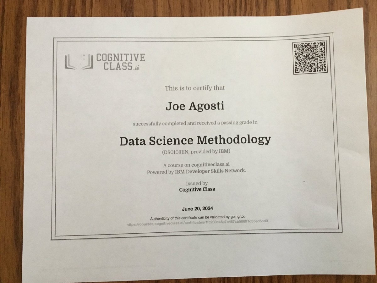 JakeBrono46's tweet image. Earned a new certificate &amp;amp; badge today through IBM

#datascience #datasciencemethodology #computerscience #ibm