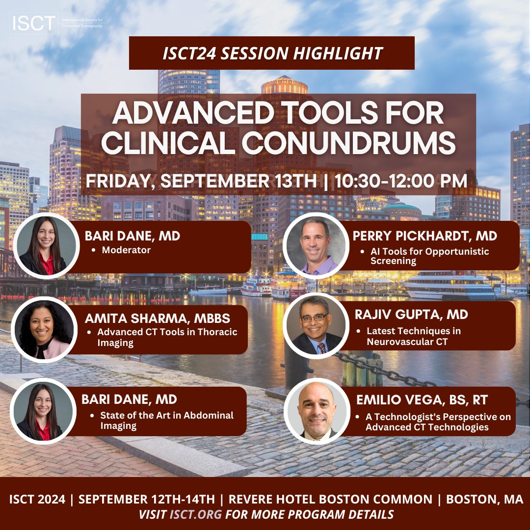 Excited for the "Advanced Tools for Clinical Conundrums" session at #ISCT2024! Don’t miss talks on AI Tools for Opportunistic Screening, Advanced CT in Thoracic Imaging, and more! 🌟 #MedicalImaging #CTInnovation #Radiology #Radres #medx visit isct.org