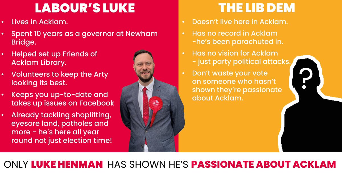 Middlesbrough Labour (@borolabour) on Twitter photo If you live in Acklam, please use your vote for Luke on 4 July. 🗳️
<a href="/LukeHenman/">Luke Henman</a> has been an active part of the #Acklam community for years, volunteering at the Arty and fighting for local residents. 💪
Luke won't let Acklam down if elected as it's next Councillor on 4 July. ✅ If you live in Acklam, please use your vote for Luke on 4 July. 🗳️
<a href="/LukeHenman/">Luke Henman</a> has been an active part of the #Acklam community for years, volunteering at the Arty and fighting for local residents. 💪
Luke won't let Acklam down if elected as it's next Councillor on 4 July. ✅