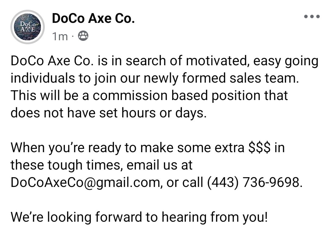 DoCoAxe's tweet photo. We are in search of individuals to join our VIRTUAL sales team -- a contracted commission-based position with no minimums, no pressure, &amp; no set hours!

Email us your resume for consideration! https://t.co/2QWuY7QCuc