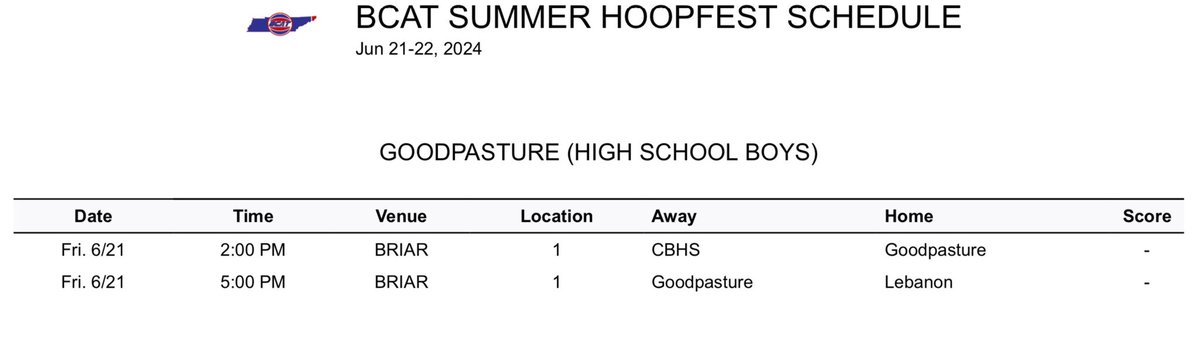 Team schedule in BCAT for this weekend Friday