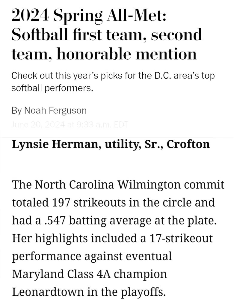 Congratulations to <a href="/Lynsie2024/">Lynsie Herman</a> on her selection to 1st Team All Metro for the Washington Post. ❤️