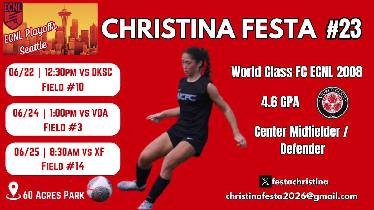Christina Festa 2026 (@festachristina) on Twitter photo Another field change for playoffs. Our updated schedule is below. Only two more days until our first game! Safe travels!
<a href="/WCFC08ECNL/">WCFC08ECNL</a> <a href="/ImYouthSoccer/">ECNL/GA/Recruiting/College Soccer</a> <a href="/TopDrawerSoccer/">TopDrawerSoccer</a> <a href="/PrepSoccer/">Prep Soccer ⚽️</a> <a href="/ImCollegeSoccer/">College Soccer Truth ™</a> <a href="/ECNLgirls/">ECNL Girls</a> Another field change for playoffs. Our updated schedule is below. Only two more days until our first game! Safe travels!
<a href="/WCFC08ECNL/">WCFC08ECNL</a> <a href="/ImYouthSoccer/">ECNL/GA/Recruiting/College Soccer</a> <a href="/TopDrawerSoccer/">TopDrawerSoccer</a> <a href="/PrepSoccer/">Prep Soccer ⚽️</a> <a href="/ImCollegeSoccer/">College Soccer Truth ™</a> <a href="/ECNLgirls/">ECNL Girls</a>