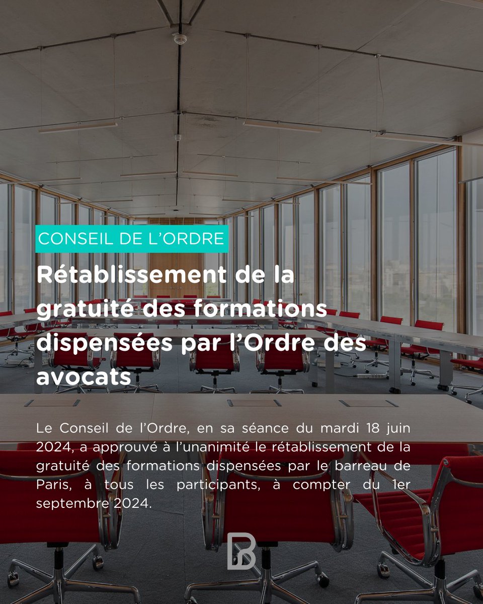 Avocats_Paris's tweet photo. 📣 Le Conseil de l’Ordre, en sa séance du 18 juin 2024, a approuvé à l’unanimité le rétablissement de la gratuité pour l’ensemble des formations dispensées par le barreau de Paris.

Tous les détails ⤵️ https://t.co/VYEh4HvRKu
