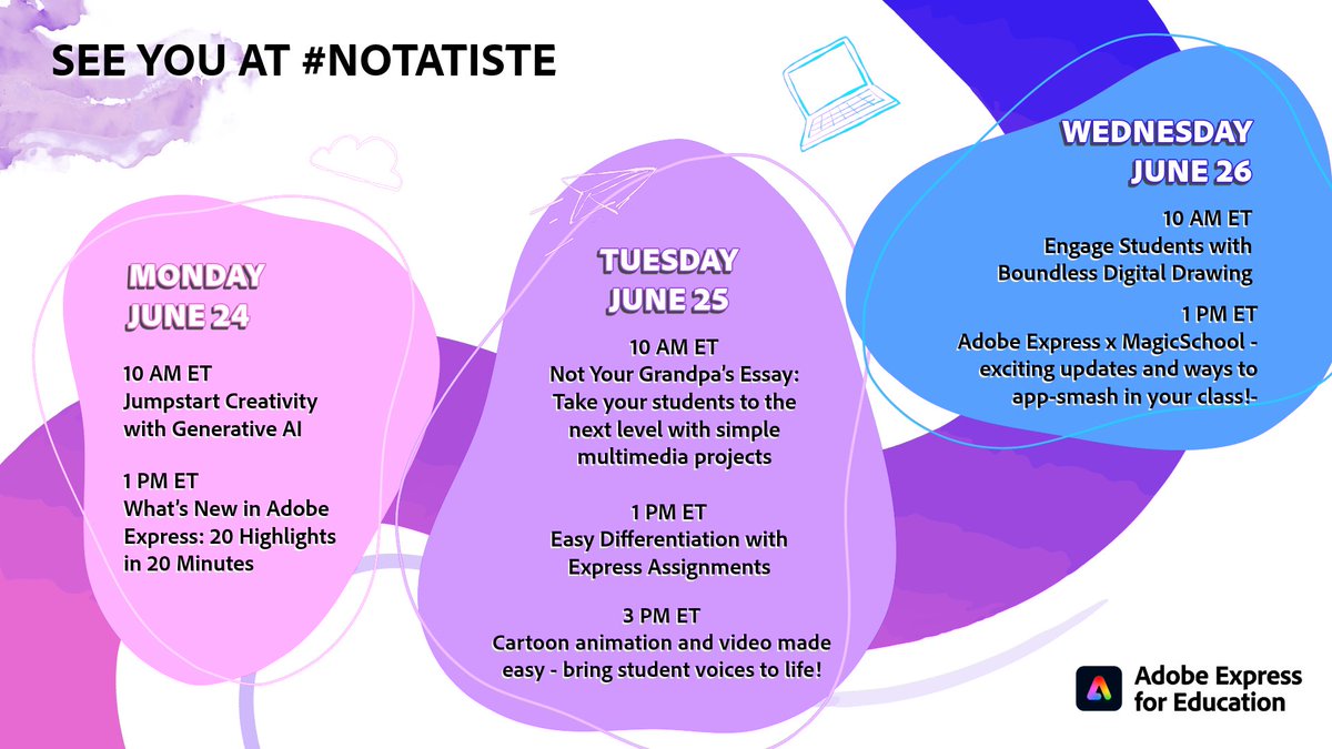 Tanya Avrith ❤️ 💜 #AdobeEduCreative (@tanyaavrith) on Twitter photo 👉#NOTatISTE ? We have you covered!
👀You can catch all our sessions all week on all our <a href="/AdobeForEdu/">Adobe For Education</a> social channels (YT, FB, X)
📺Tune in for all our Education Evangelists for our latest updates all week!
#AdobeEduCreative #ISTElive 👉#NOTatISTE ? We have you covered!
👀You can catch all our sessions all week on all our <a href="/AdobeForEdu/">Adobe For Education</a> social channels (YT, FB, X)
📺Tune in for all our Education Evangelists for our latest updates all week!
#AdobeEduCreative #ISTElive