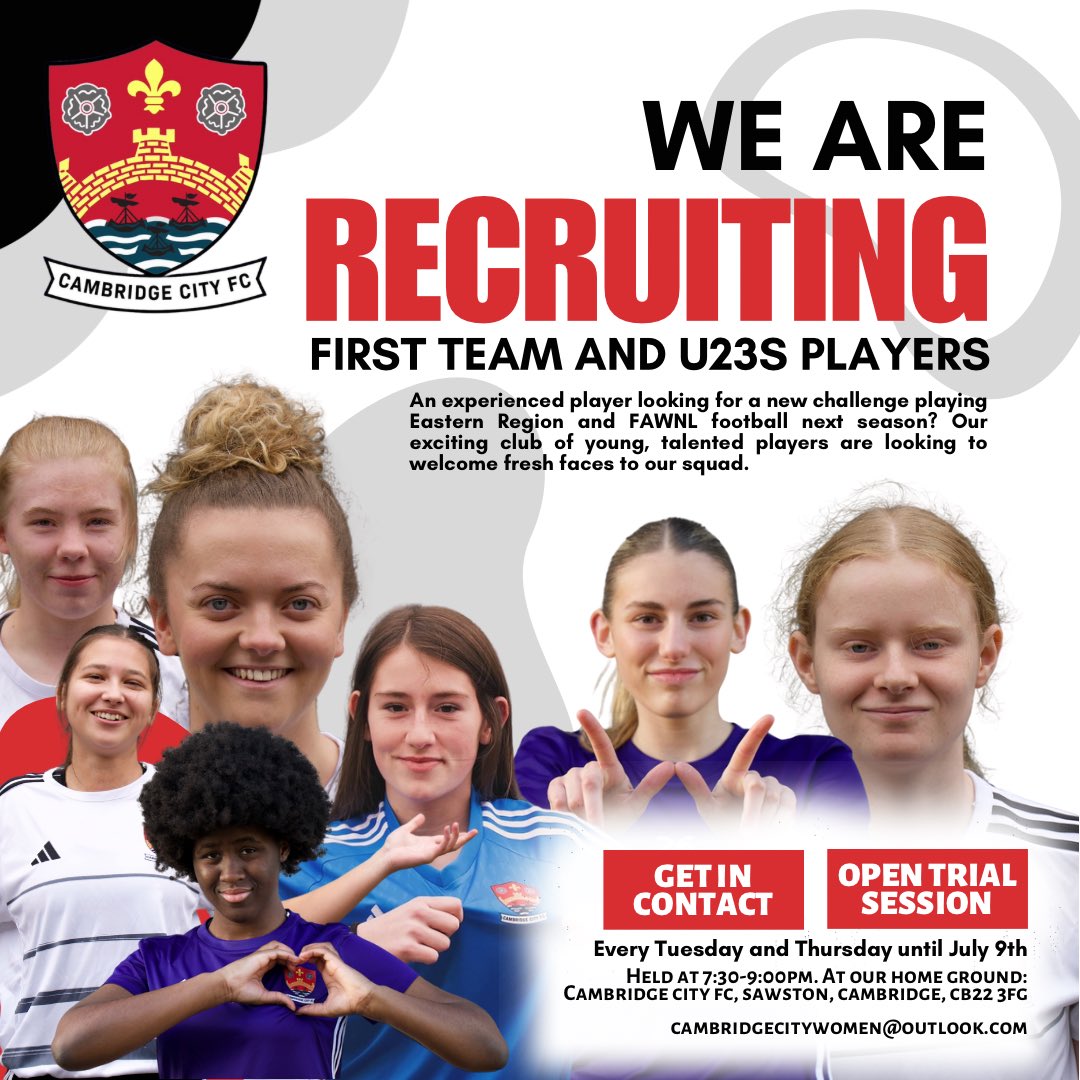cambscitygirls's tweet photo. 🔥TRIALS🔥

Trials are still ongoing for now both Tuesday and Thursdays, until July 9th.

Looking to join an ambitious and exciting club? 
Wanting a new challenge?

Get in touch using the email below 👇 to hear the latest, and get the details!

📧cambridgecitywomen@outlook.com https://t.co/3VON46j3IZ