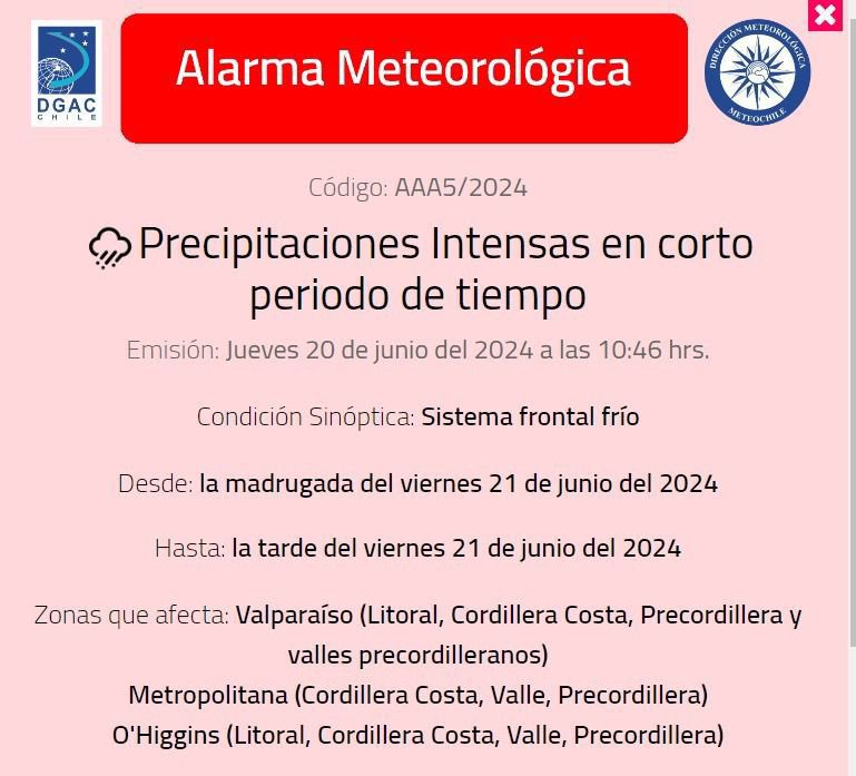 🚨 Alarma Meteorológica 🚨
Precipitaciones intensas en corto periodo de tiempo, desde la madrugada del viernes 21 de junio hasta la tarde del viernes 21 de junio

🌧️ Zonas afectadas:
•Valparaíso
•Metropolitana
•O’Higgins