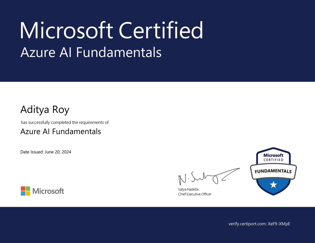 codebyadityaroy's tweet image. Thrilled to announce that I’ve passed the Azure AI Fundamentals exam (Microsoft Certified) with a score of 850/1000!
#Azure #Ai #Microsoft