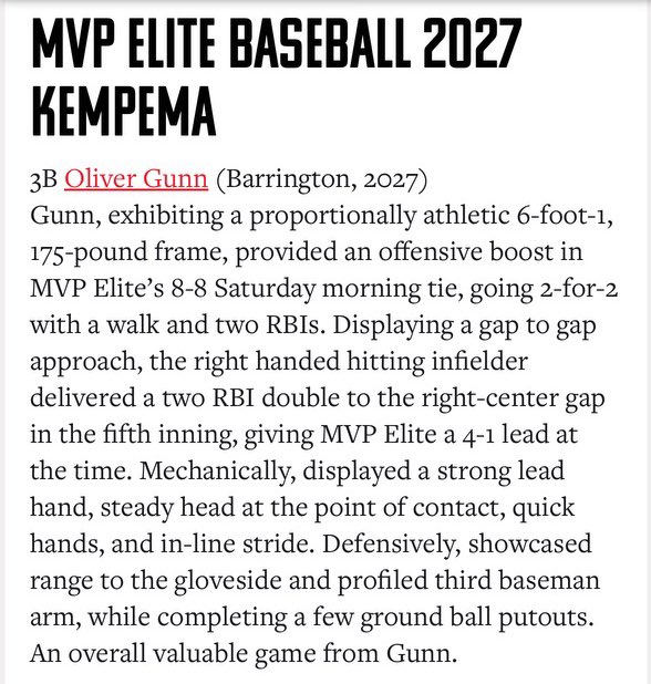 Some nice write-ups for a few of our 15u Kempema players after a solid performance at <a href="/PrepBaseballWI/">Prep Baseball Wisconsin</a> PBR at the Rock Championship this past weekend. 

@shintaku_k17 
<a href="/OliverGunn2027/">Oliver Gunn</a>