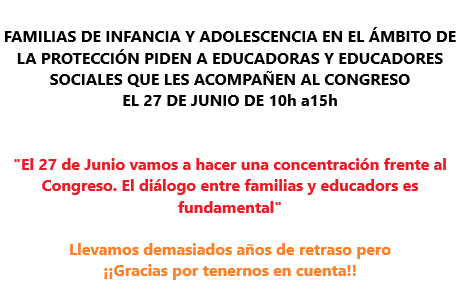 Familias piden que profesionales de #educacionsocial les acompañen al <a href="/Congreso_Es/">Congreso</a> <a href="/Julio_R2/">Julio Rodríguez 🏳️‍🌈</a> <a href="/RocioNunez_/">Rocío Núñez Rúa</a> <a href="/begoescribano/">Begoña Escribano</a> <a href="/rafadavilo/">Rafa Dávila</a> <a href="/SaraDesireeRuiz/">Sara Desirée Ruiz</a> <a href="/RCZ_75/">Rafa Cl Za</a> <a href="/FontTarres/">Albert Font-Tarrés</a> <a href="/mqueraltt/">Marc Queralt</a> <a href="/LaPous_/">La Pous</a> <a href="/lauralvalero/">Laura López Valero</a> <a href="/USangil/">Uge Sangil</a> <a href="/IvanaAndresSanz/">Ivana Andrés Sanz</a> <a href="/cjuarespalma/">Carmen Juares</a> @yayo_herrero <a href="/Alamedillas/">Las Alamedillas</a> <a href="/olguetes/">olga</a>