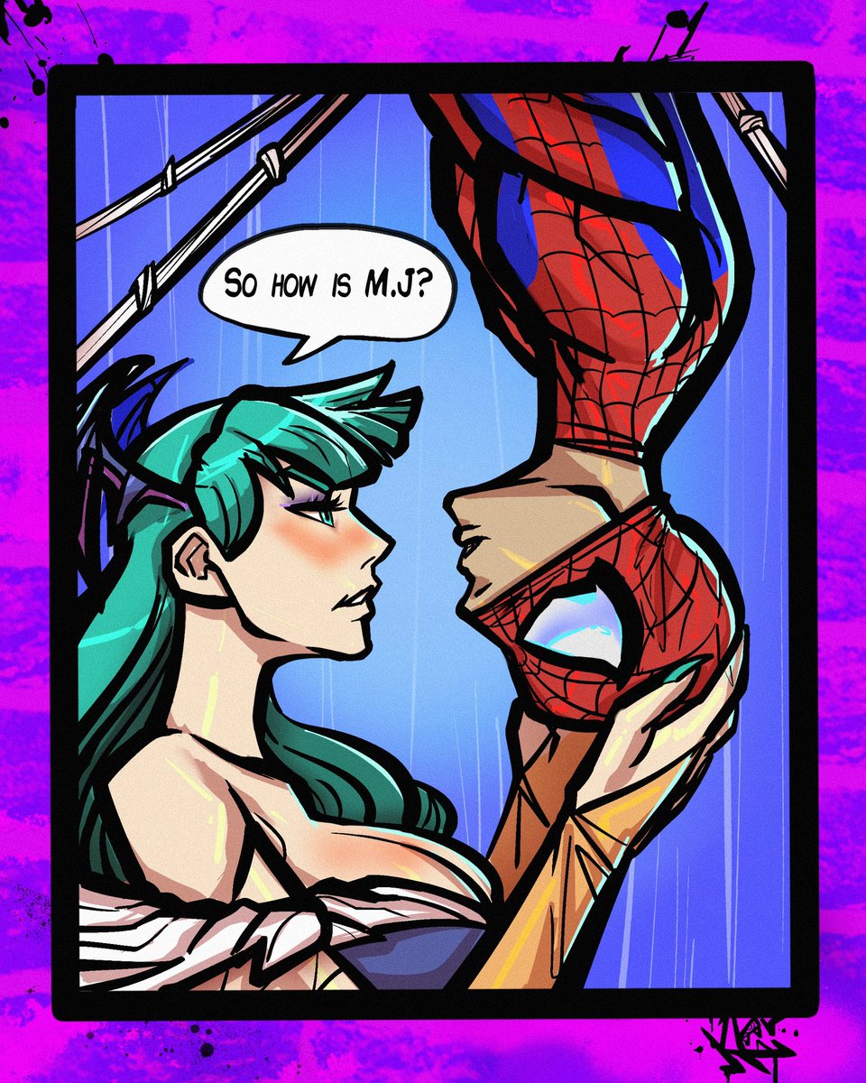 kleverART's tweet image. Morrigan and Spidey ❤️💚 🥰✏️ 

#MVC2isFree #Streetfighter #marvel #fanart