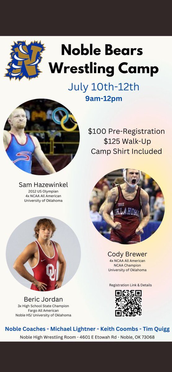 Noble Bears Wrestling Camp 
July 10-12. K-12. Learn skill sets that win at every level of wrestling! For more info email
mlightner@nobleps.com