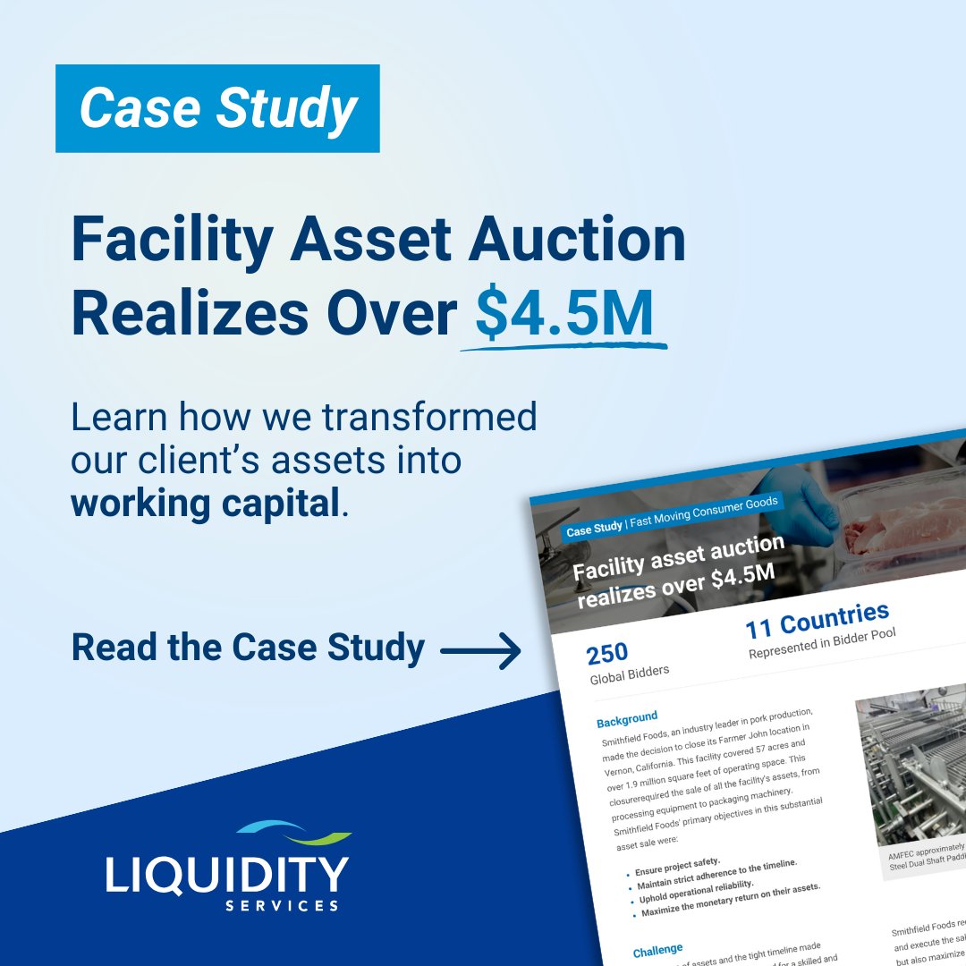 When <a href="/SmithfieldFoods/">Smithfield Foods</a> closed its 1.9M sq ft Farmer John location, we managed the asset sale, generating $4.5M+ in sales while ensuring safety and timeliness.

Read the case study: hubs.ly/Q02CG6kD0

#CaseStudy #AssetManagement #CapitalRecovery #Sustainability