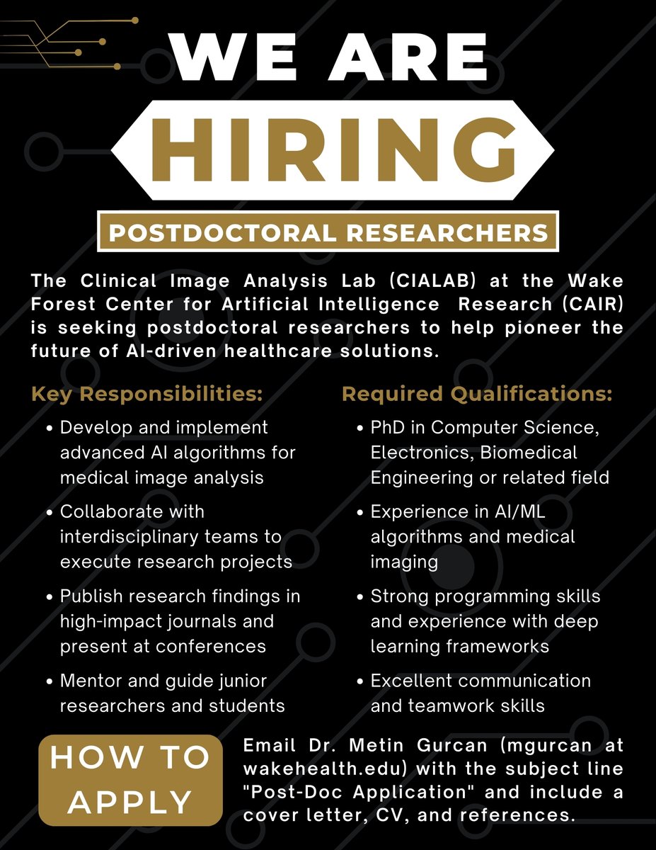 Wake Forest AI (@wakeforestai) on Twitter photo We are hiring! 🥳
CAIR is seeking postdoctoral researchers to join our Clinical Image Analysis Lab (CIALAB) and help pioneer the future of AI-driven healthcare solutions.
#AI #healthcare #medicine We are hiring! 🥳
CAIR is seeking postdoctoral researchers to join our Clinical Image Analysis Lab (CIALAB) and help pioneer the future of AI-driven healthcare solutions.
#AI #healthcare #medicine