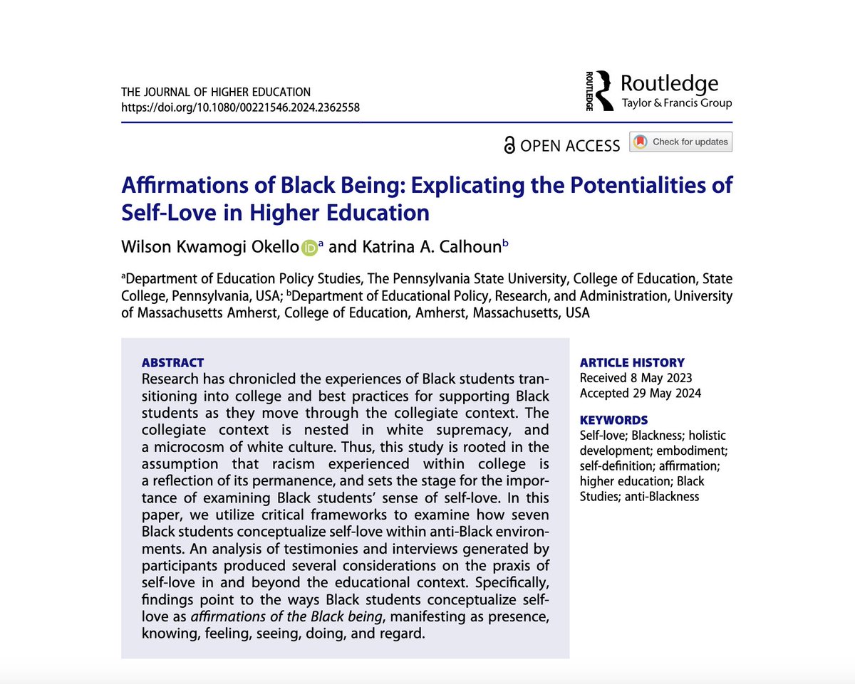Wilson Kwamogi Okello, Ph.D. (@wilson_okello) on Twitter photo Hey friends, I'm thrilled to share our new open-access article in @JHE_Editors. In the piece, <a href="/sista_pedagogue/">Dr. Katrina A. Calhoun</a> and I explore the concept of self-love and its various manifestations. Check it out here: doi.org/10.1080/002215… <a href="/PSU_CollegeOfEd/">Penn State College of Education</a> <a href="/umasseduc/">UMass Amherst College of Education</a> #edchat #HigherEd #selflove Hey friends, I'm thrilled to share our new open-access article in @JHE_Editors. In the piece, <a href="/sista_pedagogue/">Dr. Katrina A. Calhoun</a> and I explore the concept of self-love and its various manifestations. Check it out here: doi.org/10.1080/002215… <a href="/PSU_CollegeOfEd/">Penn State College of Education</a> <a href="/umasseduc/">UMass Amherst College of Education</a> #edchat #HigherEd #selflove