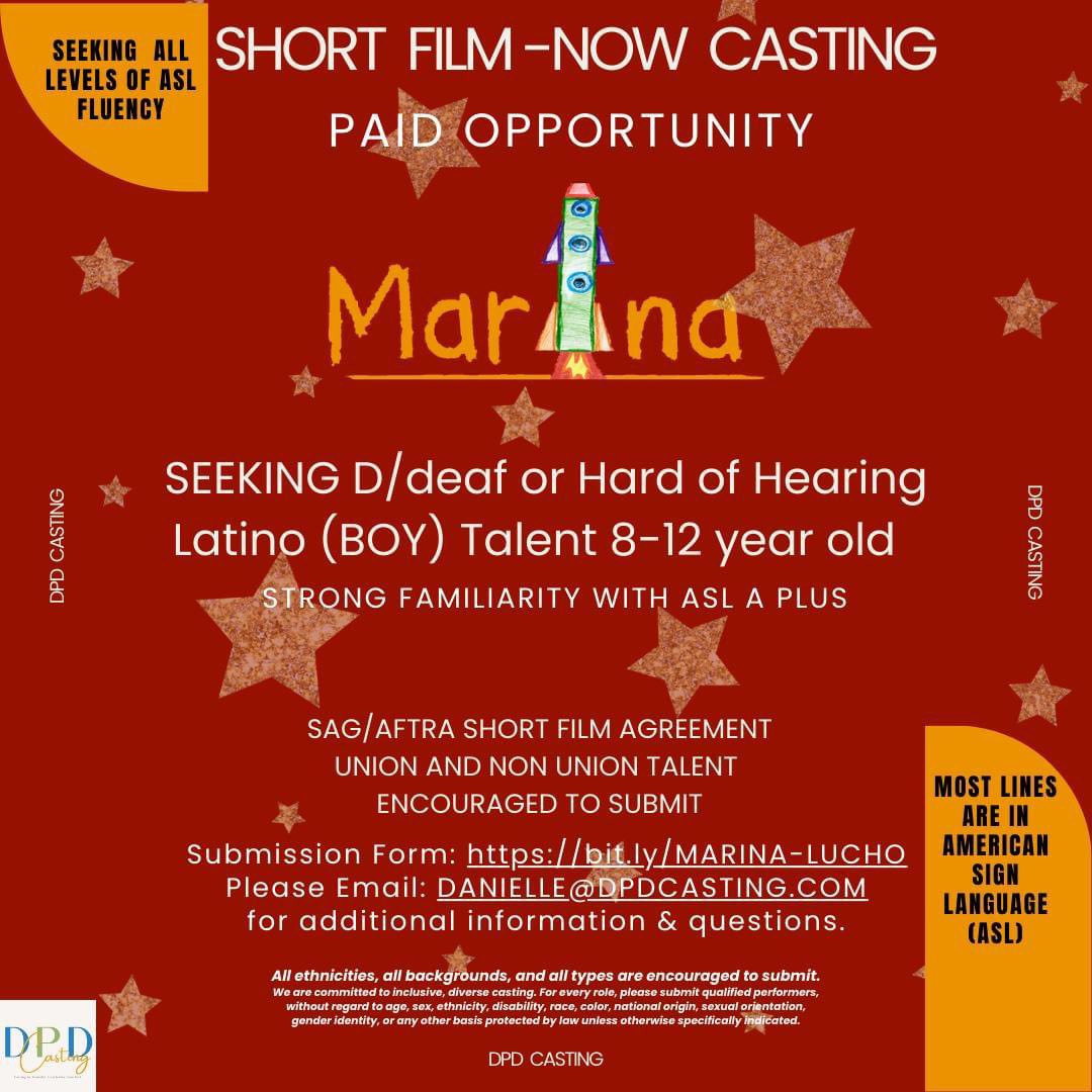 Please see an exciting opportunity for local D/HH young actors! This short film is casting a Deaf/deaf or hard of hearing Latino boy, age 8-12 years old, with a strong familiarity with ASL. ❤️ the name of this film! 🤩😉

Find more information here: airtable.com/appUPZse7XWU5z…