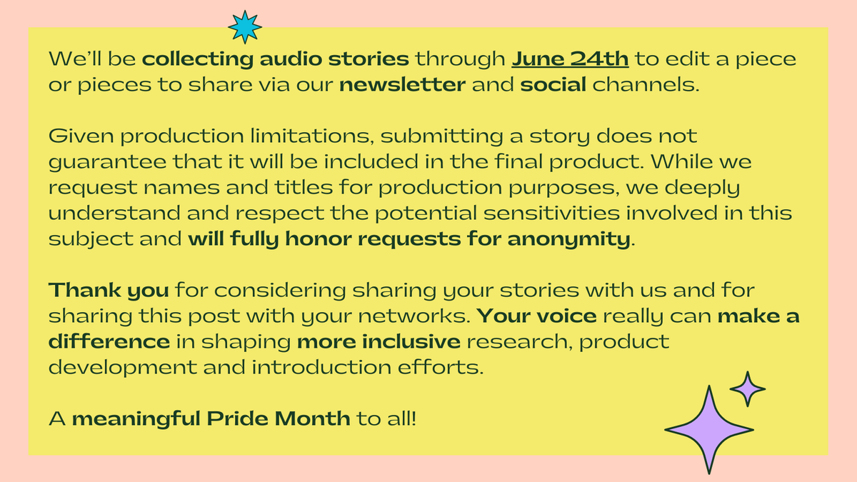 Do you work in #contraceptive tech? Here's your reminder! We’re collecting #PrideMonth x #Contraception stories from 2SLGBTQIA+ researchers &amp; allies about what intersectional representation means to them—&amp; to contraceptive science, development &amp; introduction. Submit by June 24th!