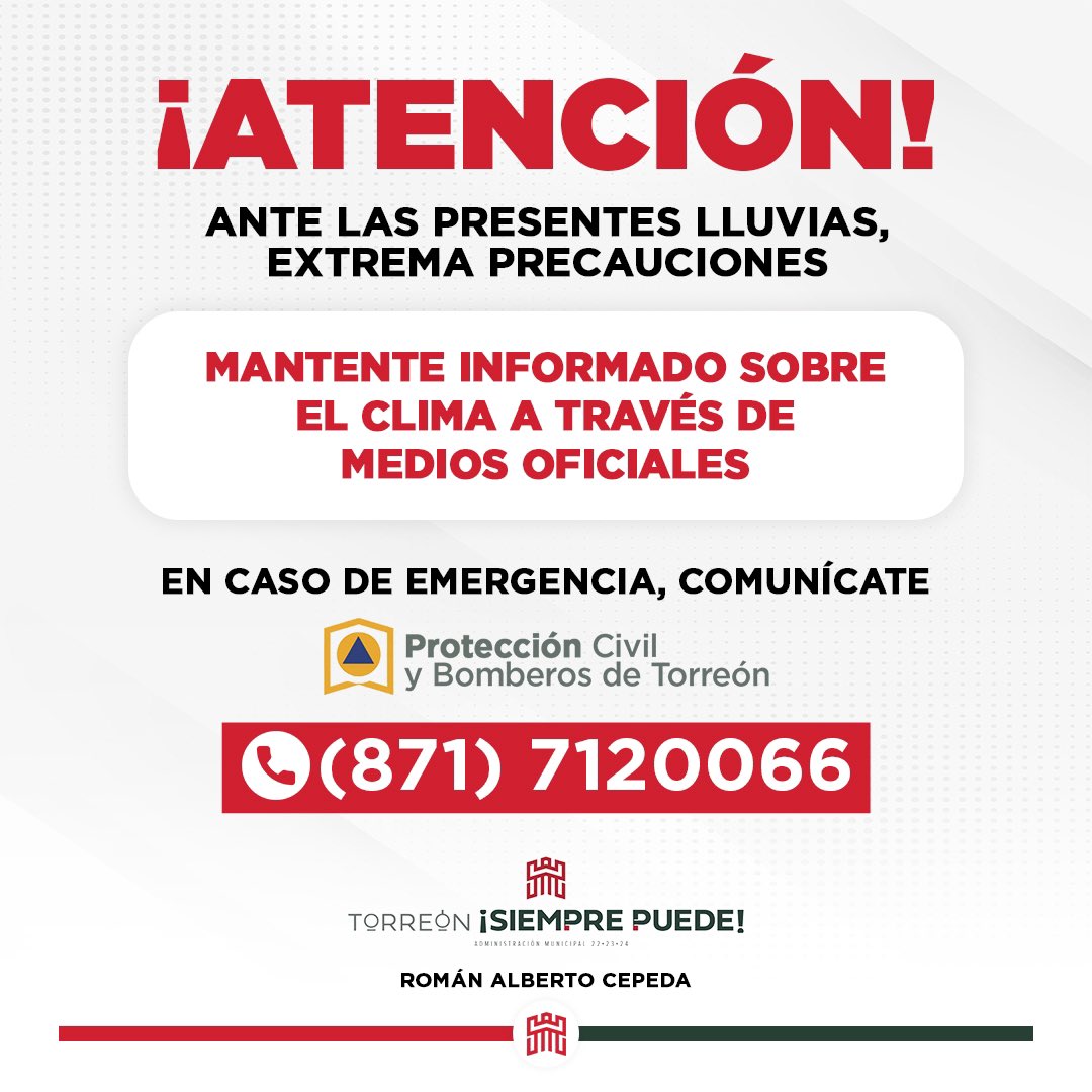 Amiga y amigo torreonense, todas las dependencias estamos listos y trabajamos para apoyarte antes, durante y después de las precipitaciones que se presentan en la región.

Te estaremos informando y compartiendo recomendaciones en medios oficiales. #TorreónSiemprePuede 🙌🏻