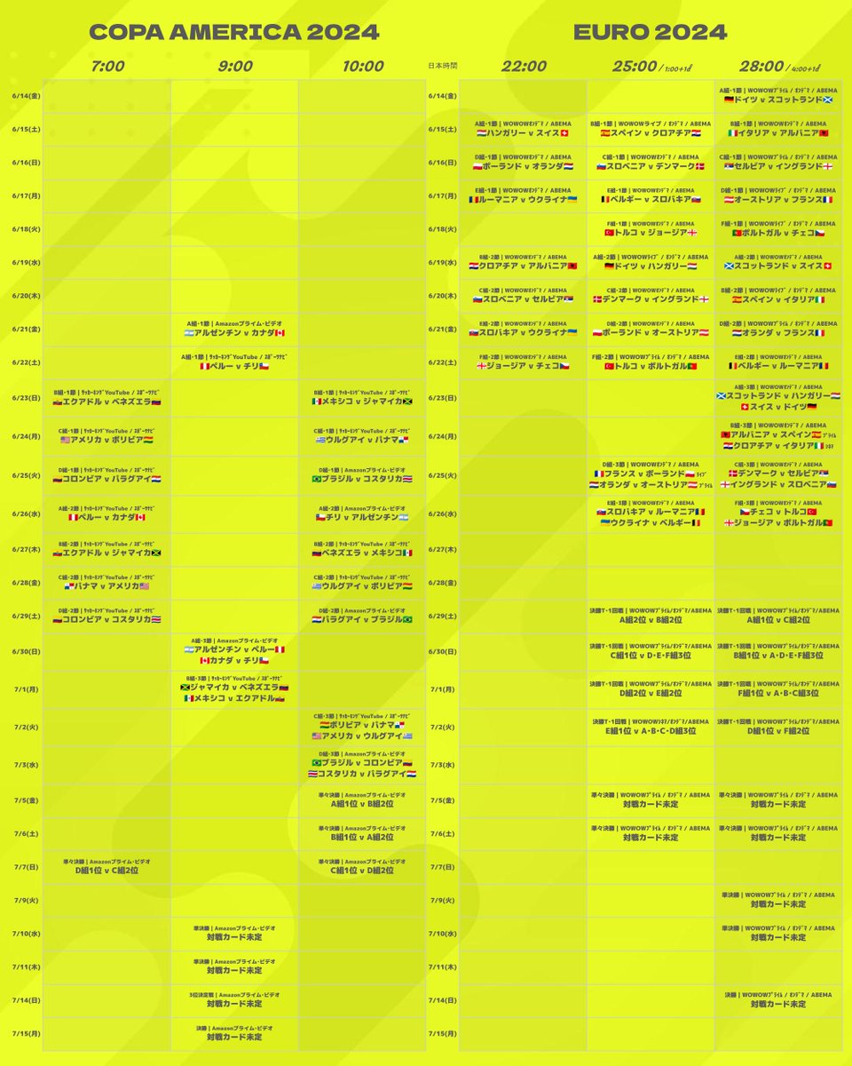 kanadashimpei's tweet image. サッカークラスタを絶望の淵に追い込む悪魔の時間割
EURO51試合 + コパ32試合、日本時間のKO時刻・中継予定をまとめました。ご査収ください。

#EURO2024｜#COPAAMERICA｜#timetable