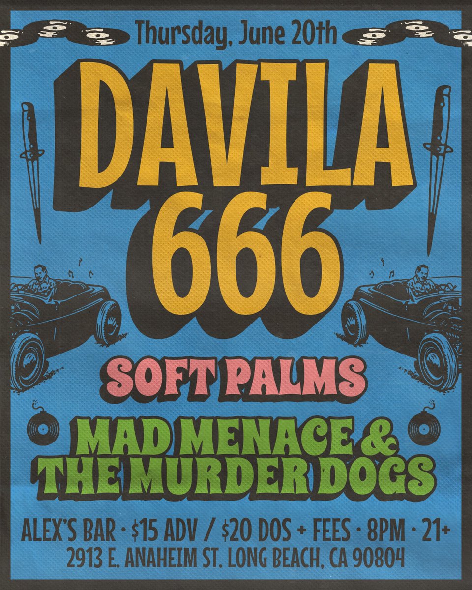 TONIGHT
SOFT PALMS 
PLAYING LONG BEACH, CA   
<a href="/alexsbar/">Alex's Bar LBC</a> 
w/ DAVILA 666 &amp; MMMD

Tix at softpalmsmusic.com/tour