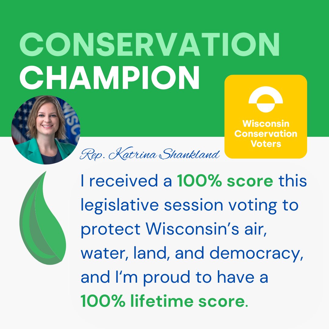 Thank you to Wisconsin Conservation Voters for naming me a Conservation Champion for my 100% score this legislative session. I’m proud to have a 100% lifetime score for voting to protect our air, water, land, and democracy for current and future generations!💧 🍃 🗳️ 🌅