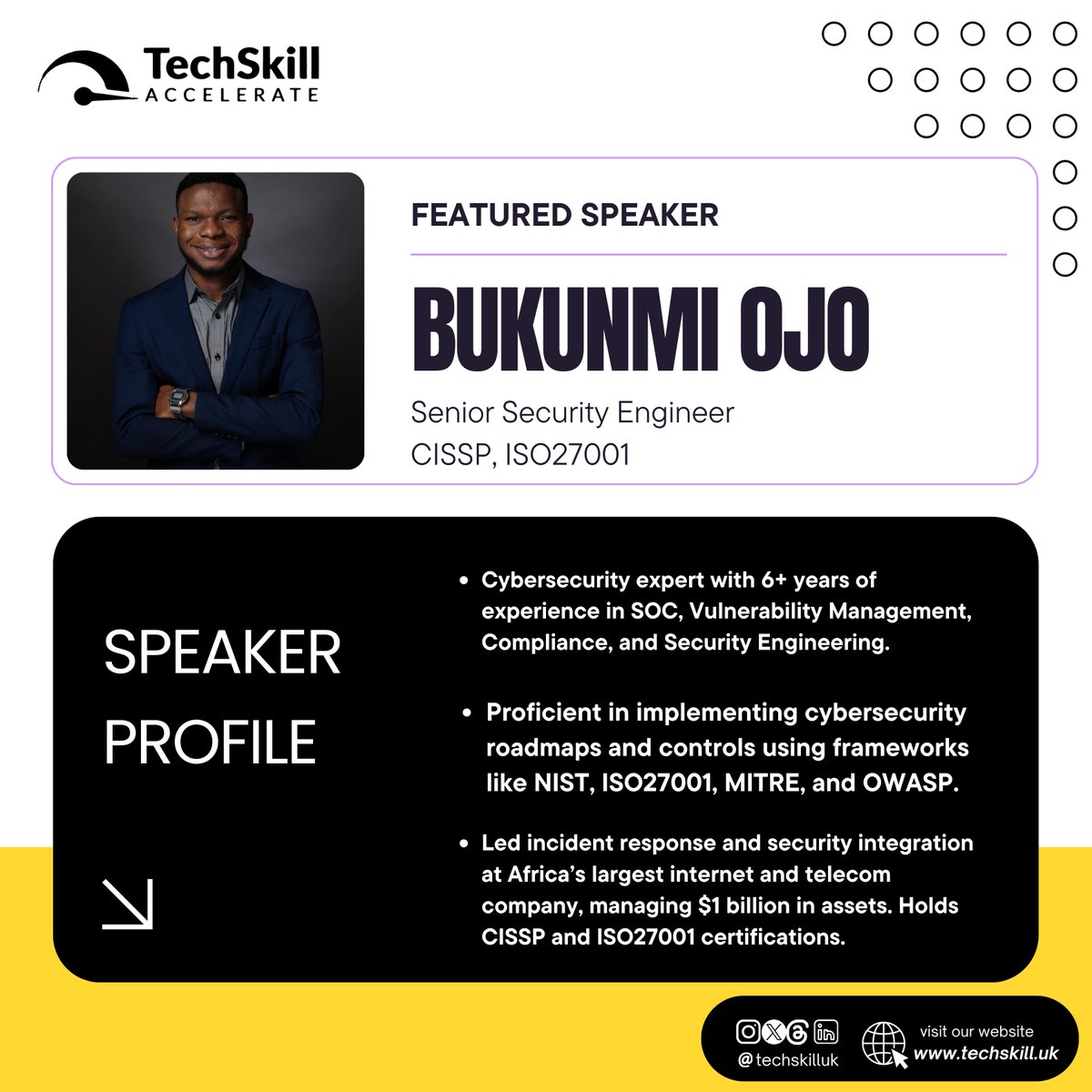 TechSkillUk's tweet photo. A Brief profile summary of our speaker @Bukunmi__Ojo 

Register for this event: https://t.co/Tej1EqCF80 https://t.co/NwoBomGqcT