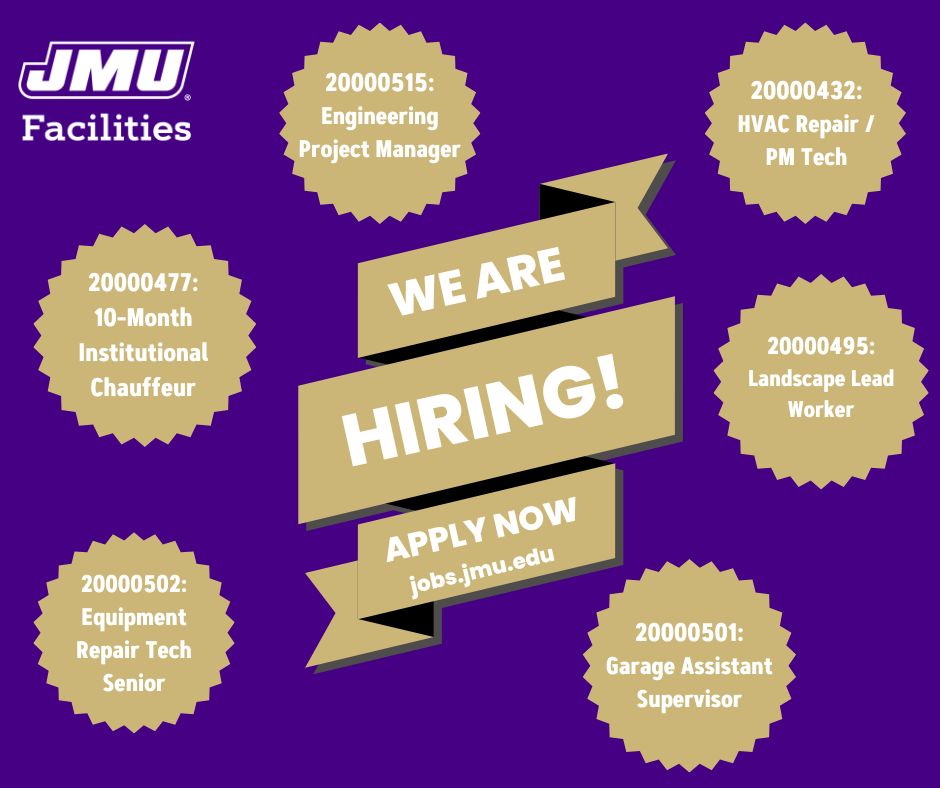 JMUJobs's tweet image. JMU Facilities Management is currently recruiting for several positions! 
Browse these positions and more through referencing the below posting numbers on jobs.jmu.edu/home
#jamesmadisonuniversity #jmu #HVACJobs #landscapejobs #facilitiesmanagement
