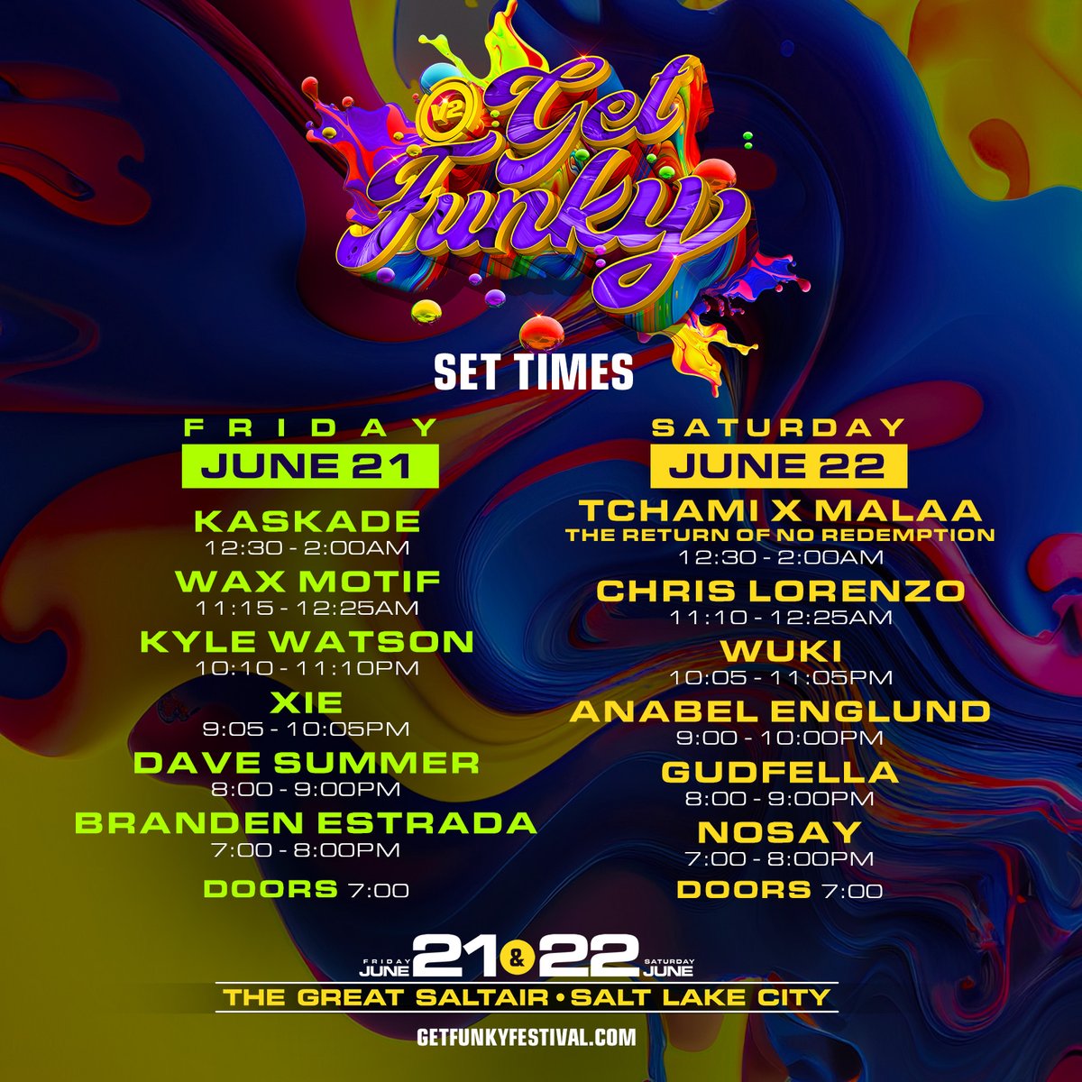 Set your clocks to funky time! Check out the set times and plan your #GetFunky24 weekend! 🎶🕒 Who's on your must-see list?

🪩 Passes + Lockers: getfunkyfestival.com
📷 FAQ + Allowed Items + Bag Policy:  getfunkyfestival.com/faq
